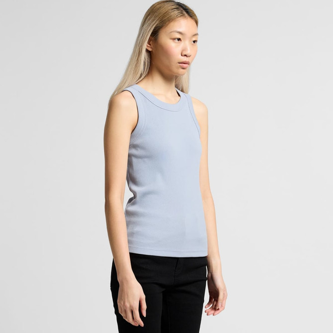 A sleeveless, light blue ribbed tank top is displayed on a model, featuring a fitted design. It has a logo on it.