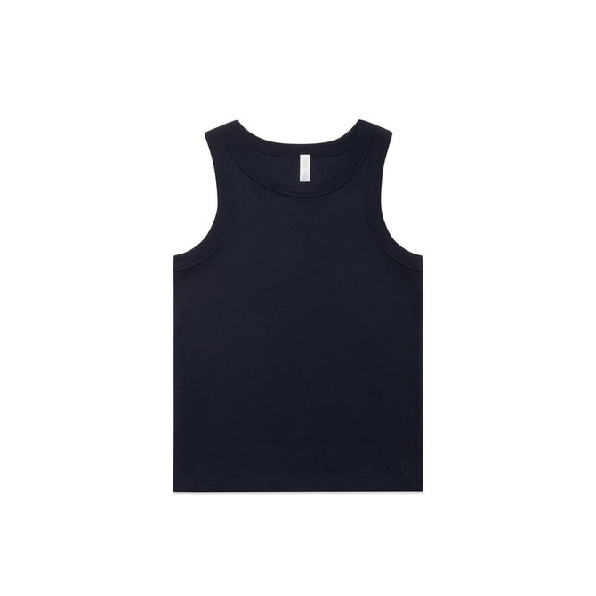 A navy organic rib tank top with a round neckline and no sleeves, featuring a logo tag.