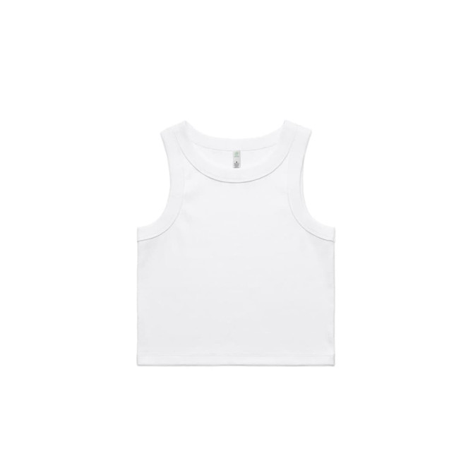 A plain white rib crop tank top with a classic singlet style and a branding logo.