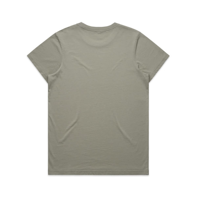 A faded green T-shirt with a soft texture and no visible design features a logo on the back.