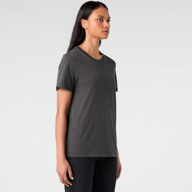 A grey, short-sleeved t-shirt for women, featuring a round neckline and a plain design. It has a logo.