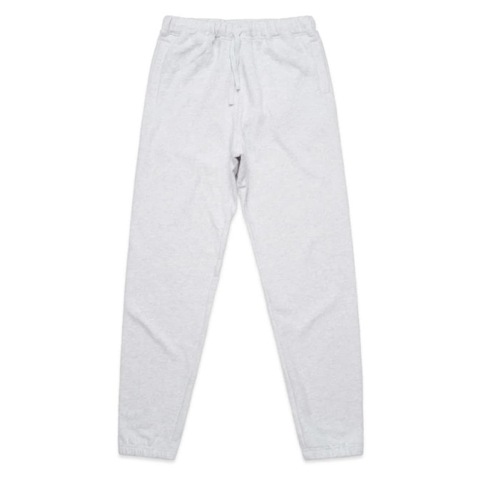 A pair of light grey track pants with an elastic waistband and side pockets. Features a logo at the front.