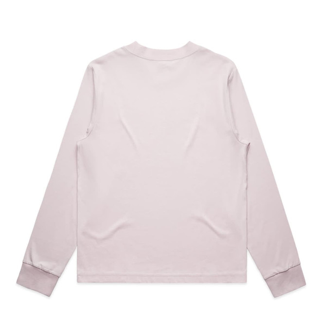 A light pink long-sleeve T-shirt, featuring a simple design and cuffs at the sleeves. It has a logo on the back.