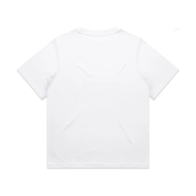 A plain white t-shirt with short sleeves, featuring a logo on the back.