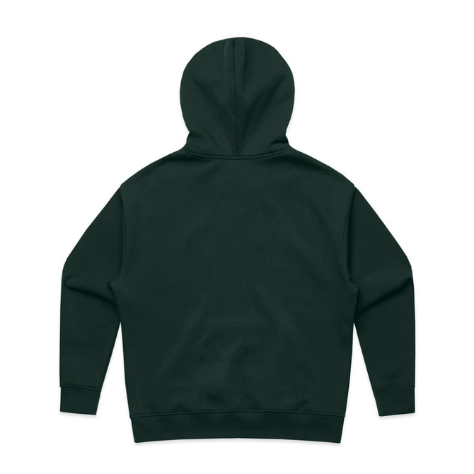 A dark green hoodie with a large, adjustable hood and a plain back. It features a ribbed hem and cuffs.