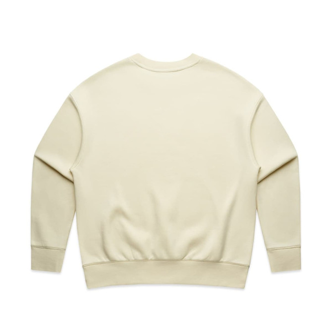 A plain cream-coloured jumper with a relaxed fit and ribbed cuffs. It has a branding logo on the back.