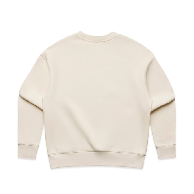 A beige jumper with a simple, relaxed design and a branding logo on the back.