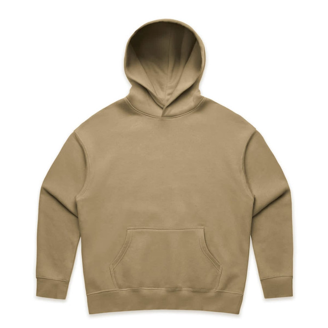 A beige hoodie with a front pocket and a hood, featuring a logo.