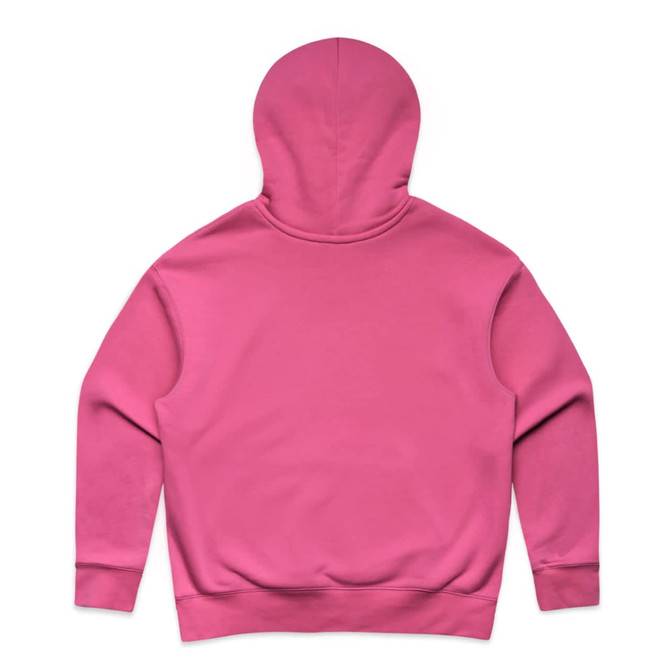 A pink hoodie with a spacious hood and long sleeves, featuring a plain back view and a branded logo.