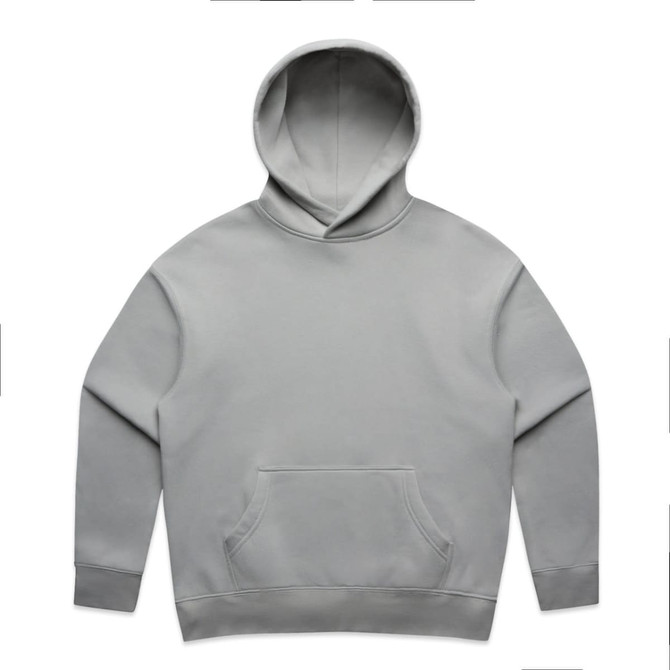 A light grey hoodie with a front pocket and a drawstring hood, featuring a logo.