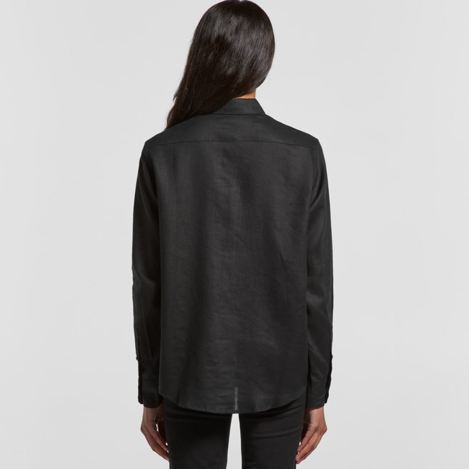 A black linen button-up shirt viewed from the back, featuring long sleeves and a collar. The shirt has a discreet logo.