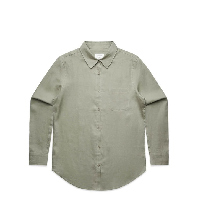 A green button-up shirt with long sleeves and a single chest pocket, featuring a logo detail.