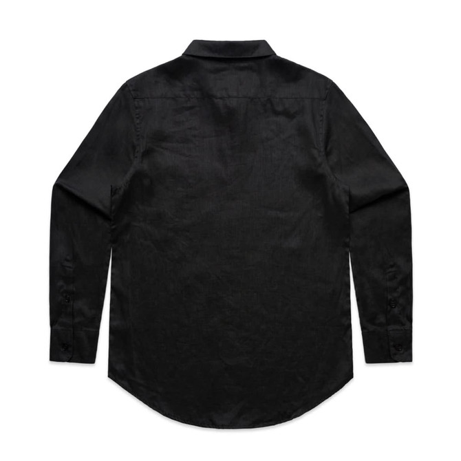 A black button-up shirt with long sleeves and a collar, featuring a back view and a logo on the label.