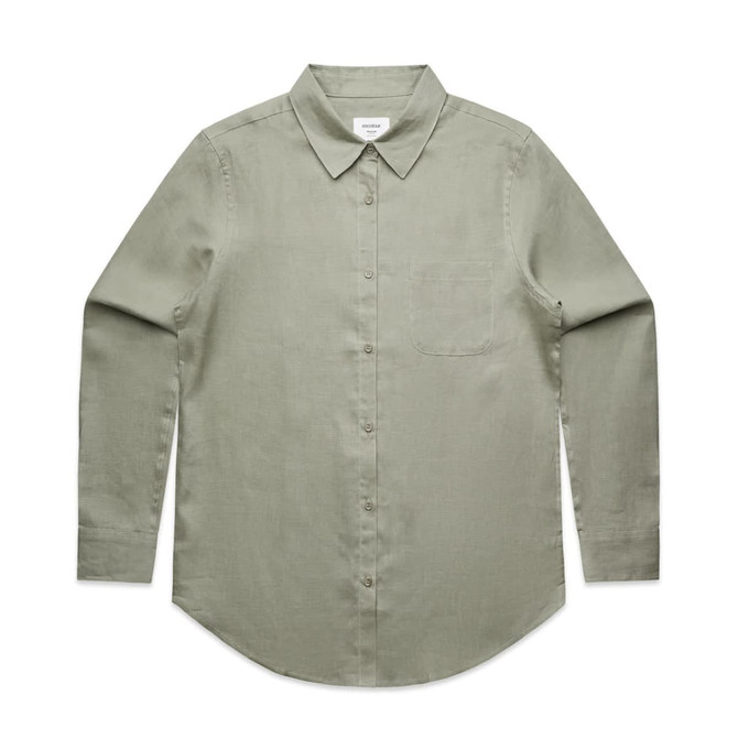 A light green button-up shirt featuring a collar and a chest pocket, accompanied by a logo.