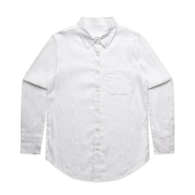 A white button-up shirt with long sleeves and a chest pocket, featuring a collar and a branding logo.