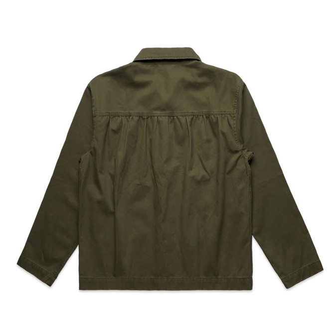 An olive green chore jacket featuring a back pleat design and long sleeves. It has a collar and a branded logo.