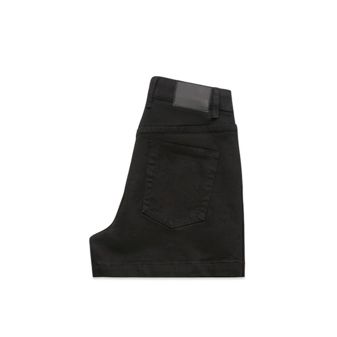 A pair of black denim shorts featuring a back pocket and a branded waistband.