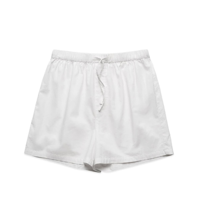 A pair of white pyjama bottoms with an elastic waistband and drawstring, featuring a simple design.