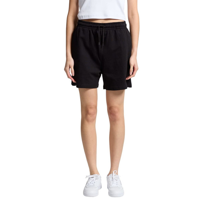 Black sports shorts with an elastic waistband, featuring side pockets and a casual fit.