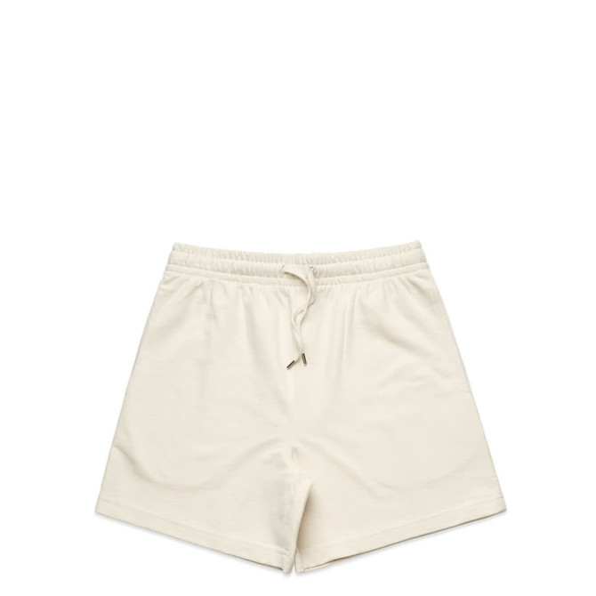 A pair of cream-coloured sports shorts with an elastic waistband and drawstring, featuring a logo.