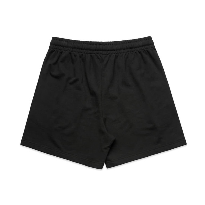 Black sports shorts featuring an elastic waistband and a simple design, with a logo on the waistband.
