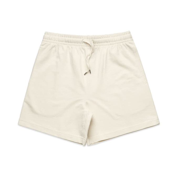 Cream-coloured sports shorts featuring an elastic waistband and a drawstring, with a small logo.