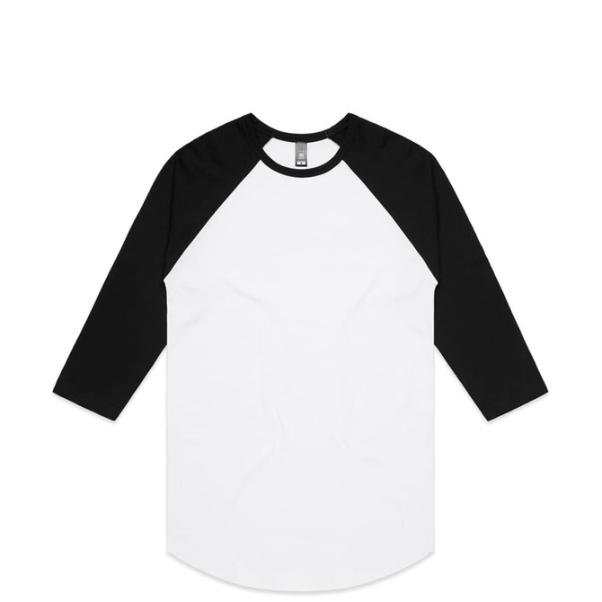 A raglan tee with a white body and black sleeves, featuring a logo on the tag.