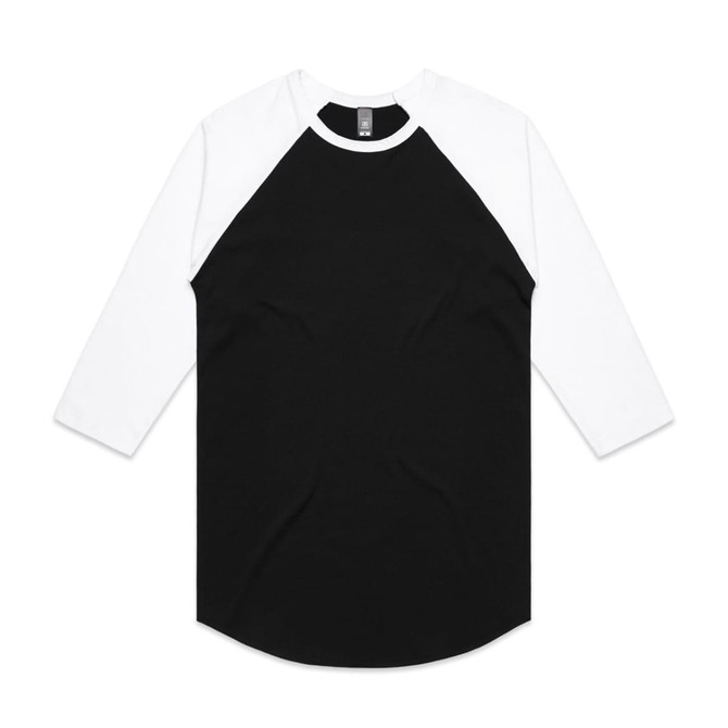 A black and white raglan tee featuring long sleeves and a round neckline, with a logo on the tag.