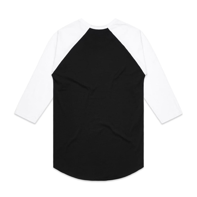 A black and white raglan tee with long sleeves, featuring a simple design and a logo on the back.
