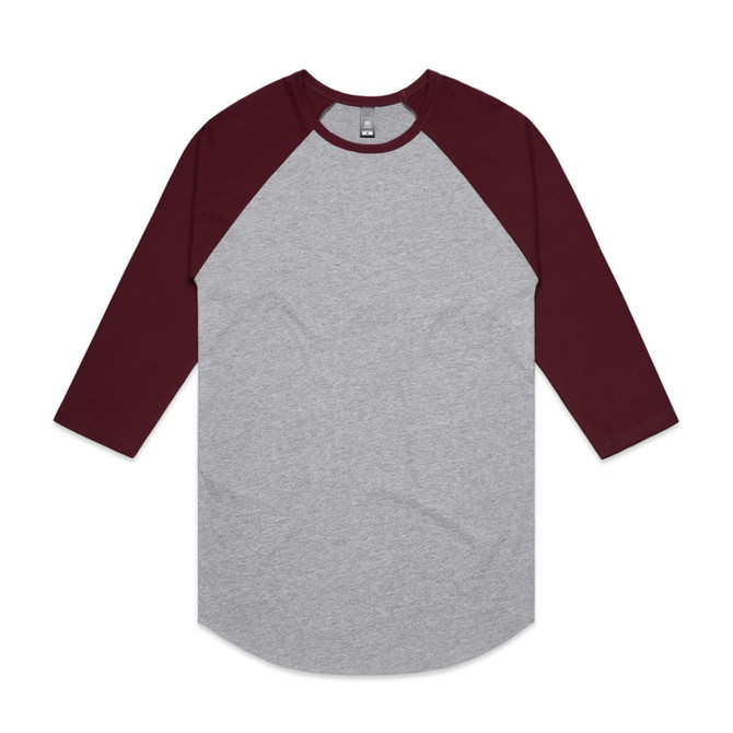 A grey raglan tee with maroon sleeves and a curved hem. It features a logo at the neck area.