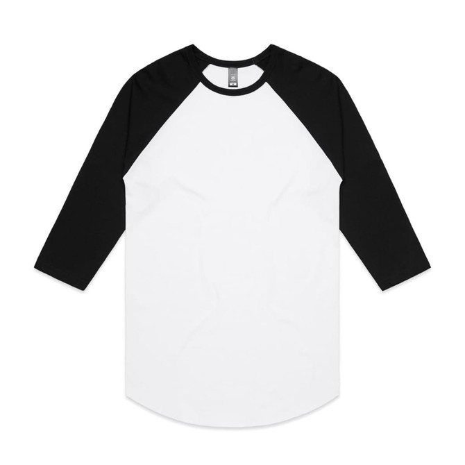 A raglan tee with a white body and black sleeves, featuring a logo on the label.