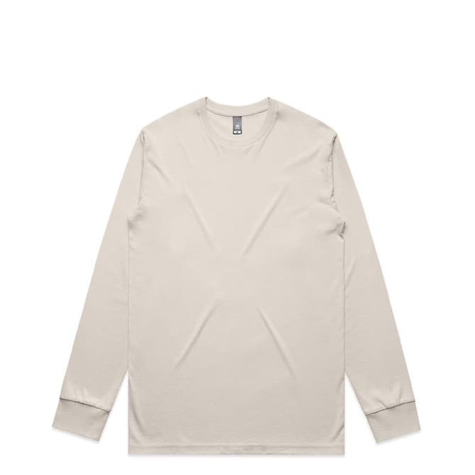 A long-sleeve tee in light beige with a round neckline and a logo.