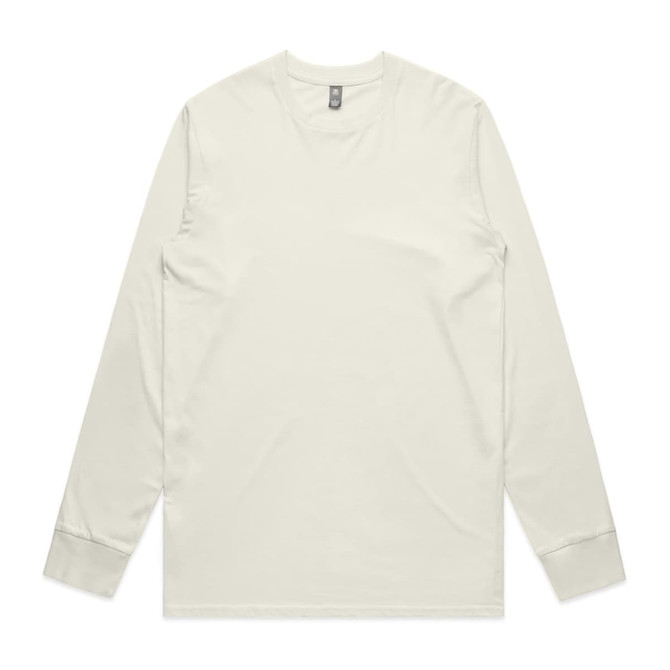 A long sleeve tee in a light cream colour featuring a simple design and a logo.
