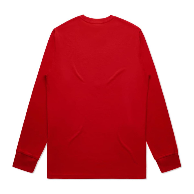 A long-sleeve red T-shirt with a plain back and fitted cuffs, featuring a logo.