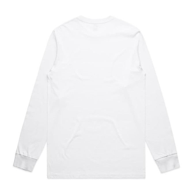 A long-sleeve white tee with a simple design and cuffs in a contrasting colour. It features a logo on the back.