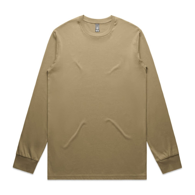 A long-sleeve tee in a tan colour featuring a simple design and a logo on the label.