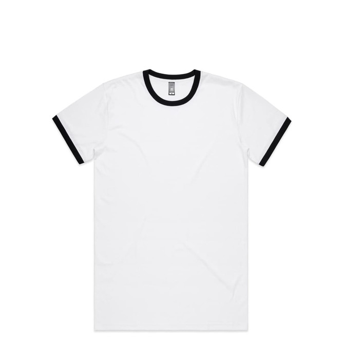 A white T-shirt with black collar and sleeve trims, featuring a logo on the label.