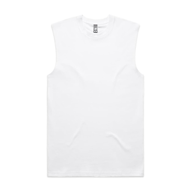 A white classic tank top with sleeveless design and a logo on the label.
