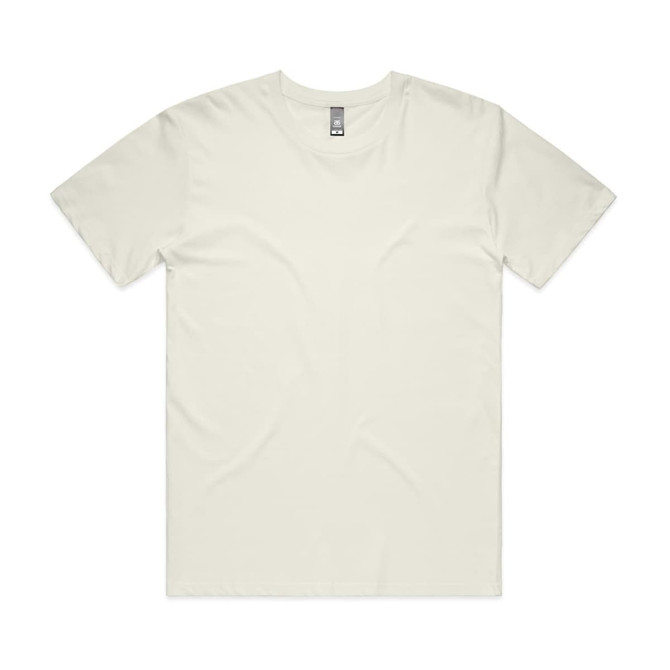A plain, light cream-coloured T-shirt with a round neckline and short sleeves. It has a branding tag.