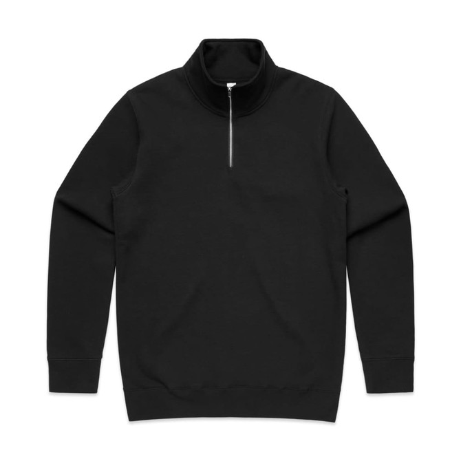 A black half zip crew jumper featuring long sleeves and a straight hem. It has a logo on the front.