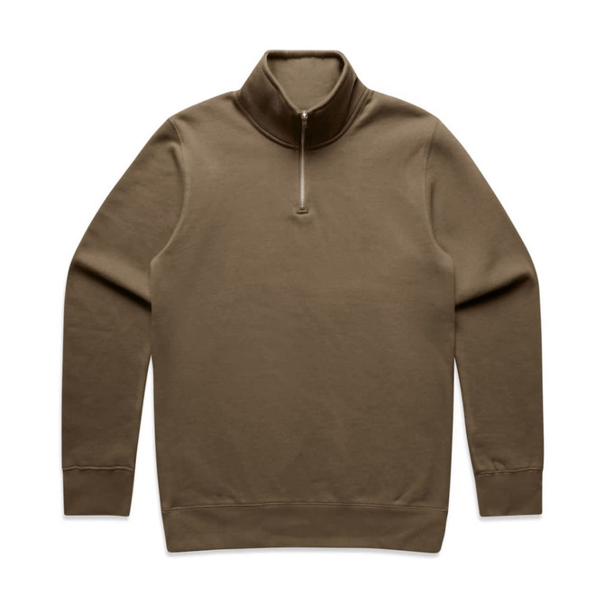 A brown half-zip crew jumper featuring long sleeves and a subtle logo.