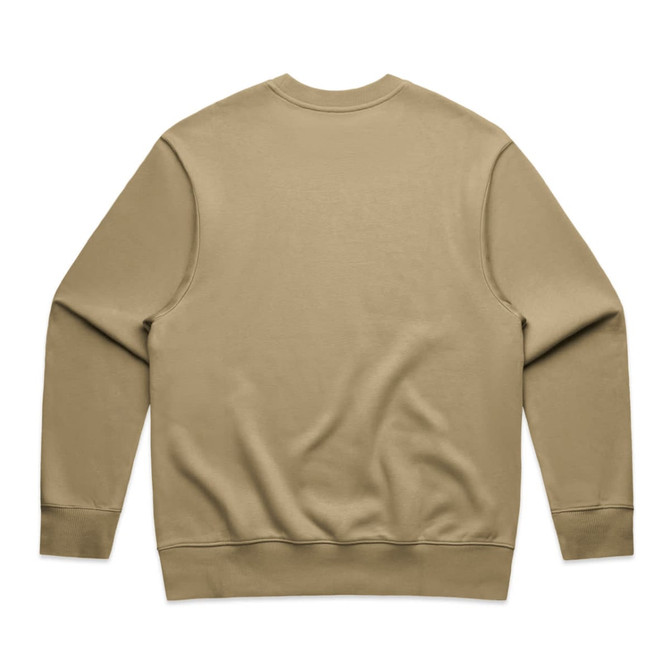 A beige sweater with a crew neck and long sleeves, featuring a plain back design.