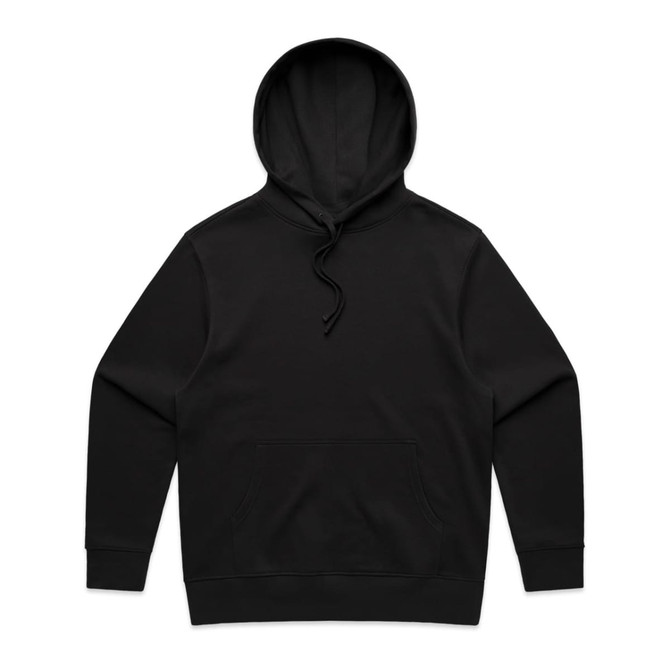A black hoodie with a front pocket and a hood, featuring long sleeves and a simple design.