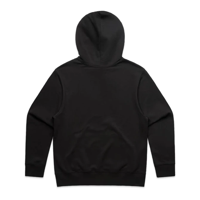 A black hoodie featuring a hood and long sleeves, with a plain back and fitted cuffs.