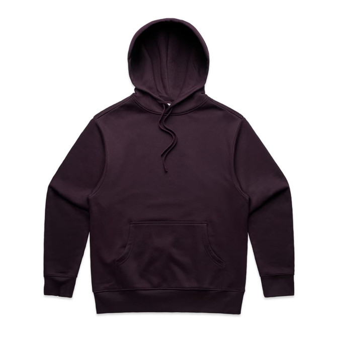 A dark purple hoodie with a front pocket and drawstring hood. The garment has a logo on it.