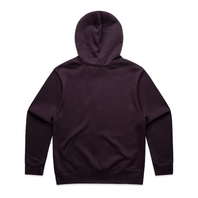 A purple hoodie featuring a back view with a hood and long sleeves. It has a logo on the back.