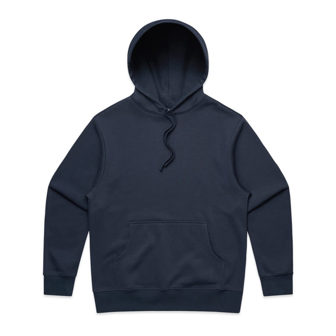 A navy blue hoodie with a front pocket and an adjustable hood. The hoodie has a logo on it.