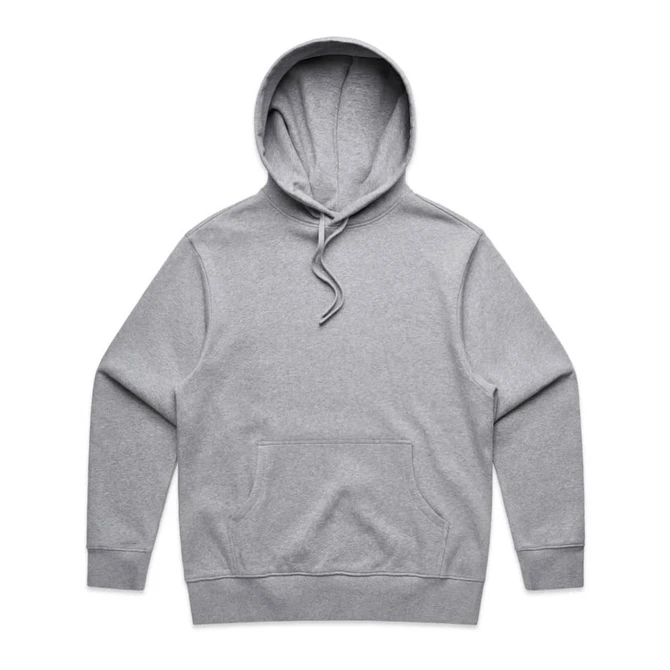 A grey hoodie featuring a front pocket and a drawstring hood, with a logo on the front.