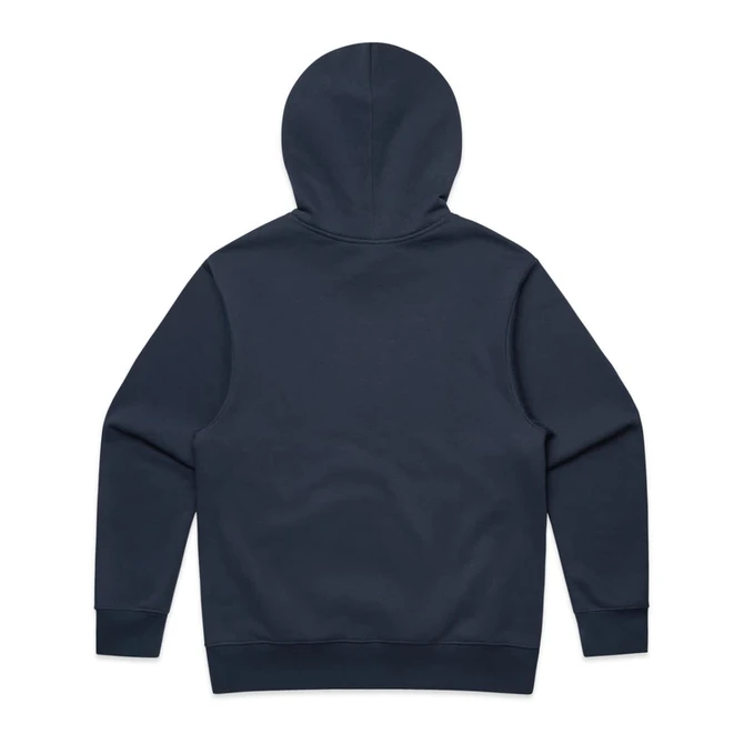 A navy blue hoodie featuring a hood and long sleeves, with a plain back and no visible logos or branding.