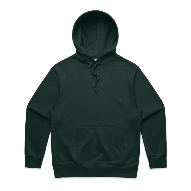 A dark green hoodie featuring a front pocket and a drawstring hood, with a logo present.
